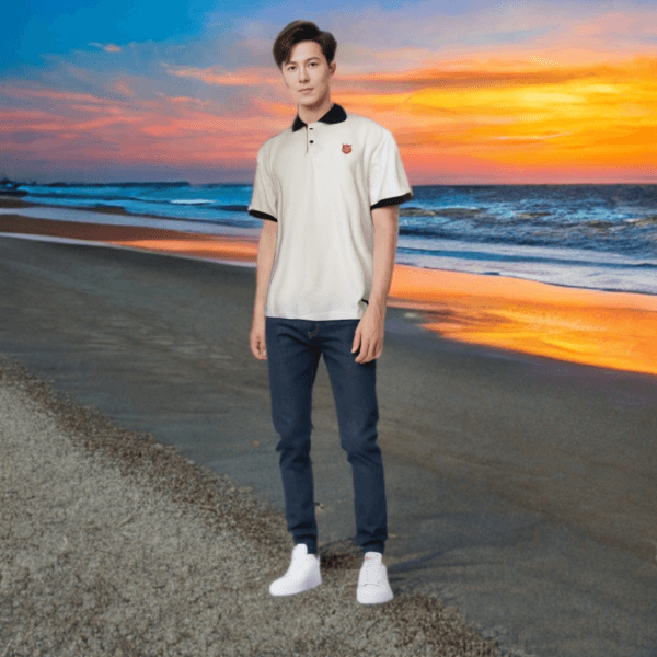 Polo T-Shirt Red Shield Putih Trim Hitam - Gambar 2