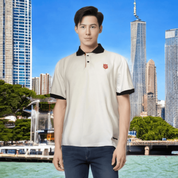 Polo T-Shirt Red Shield Putih Trim Hitam - Gambar 3