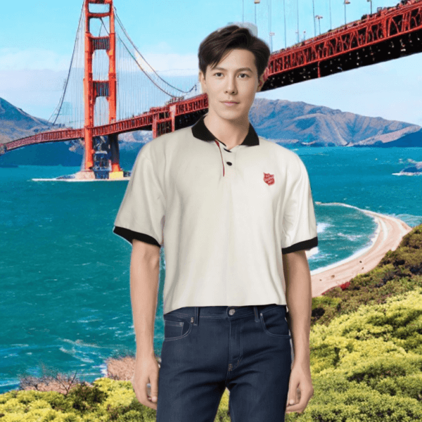 Polo T-Shirt Red Shield Putih Trim Hitam - Gambar 8