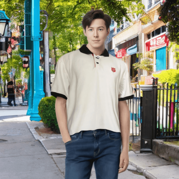Polo T-Shirt Red Shield Putih Trim Hitam - Gambar 10